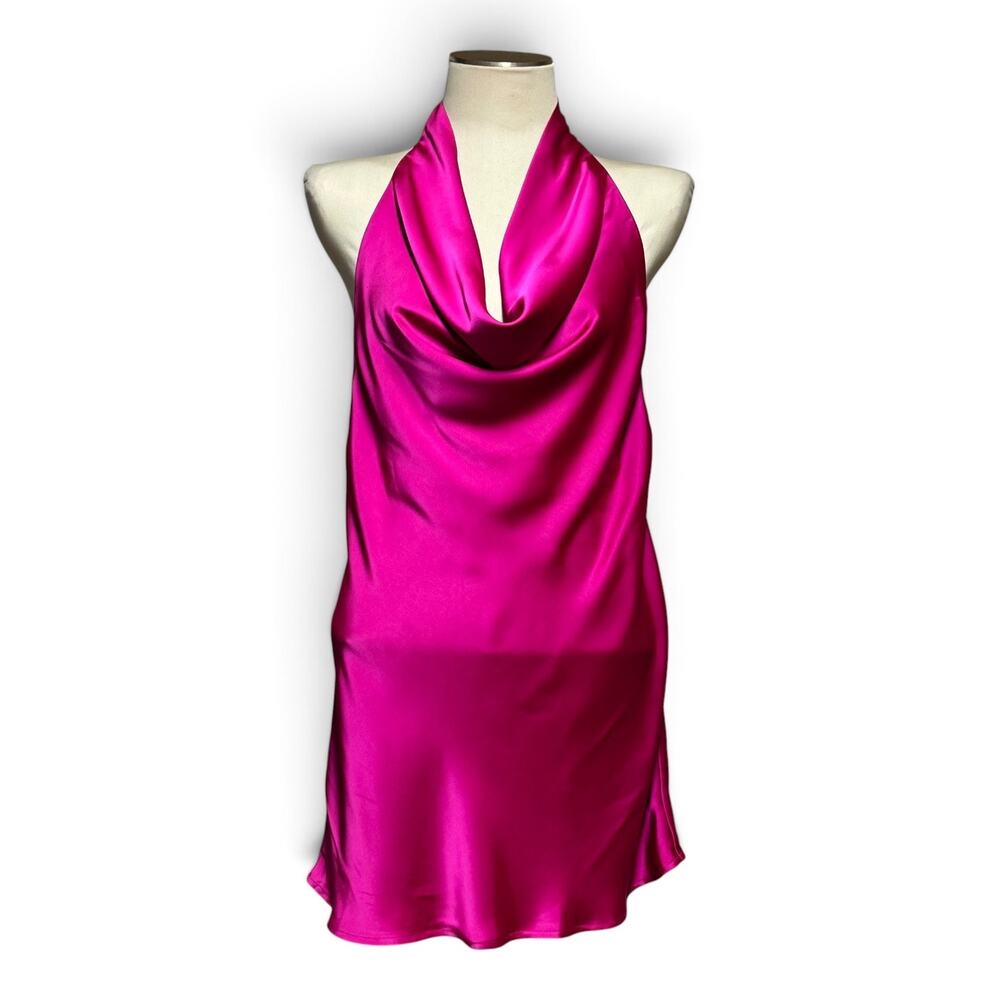 Mable Satin Open Back Halter Drape Neck Mini Dress Pink Medium